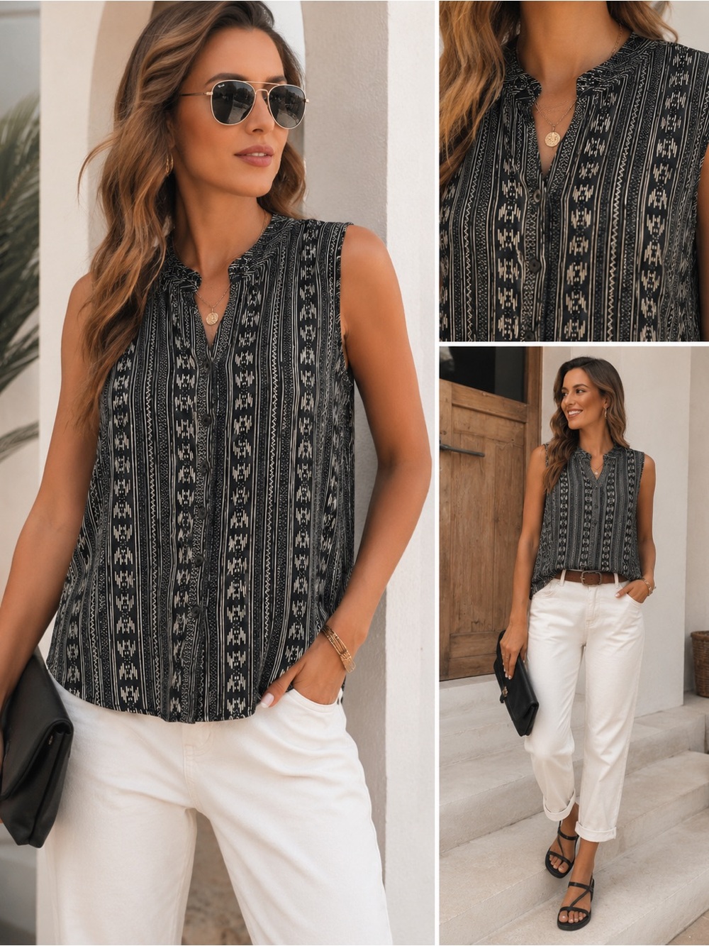 Sleeveless Boho Button Front Blouse Black & Cream Tribal Print Size Large